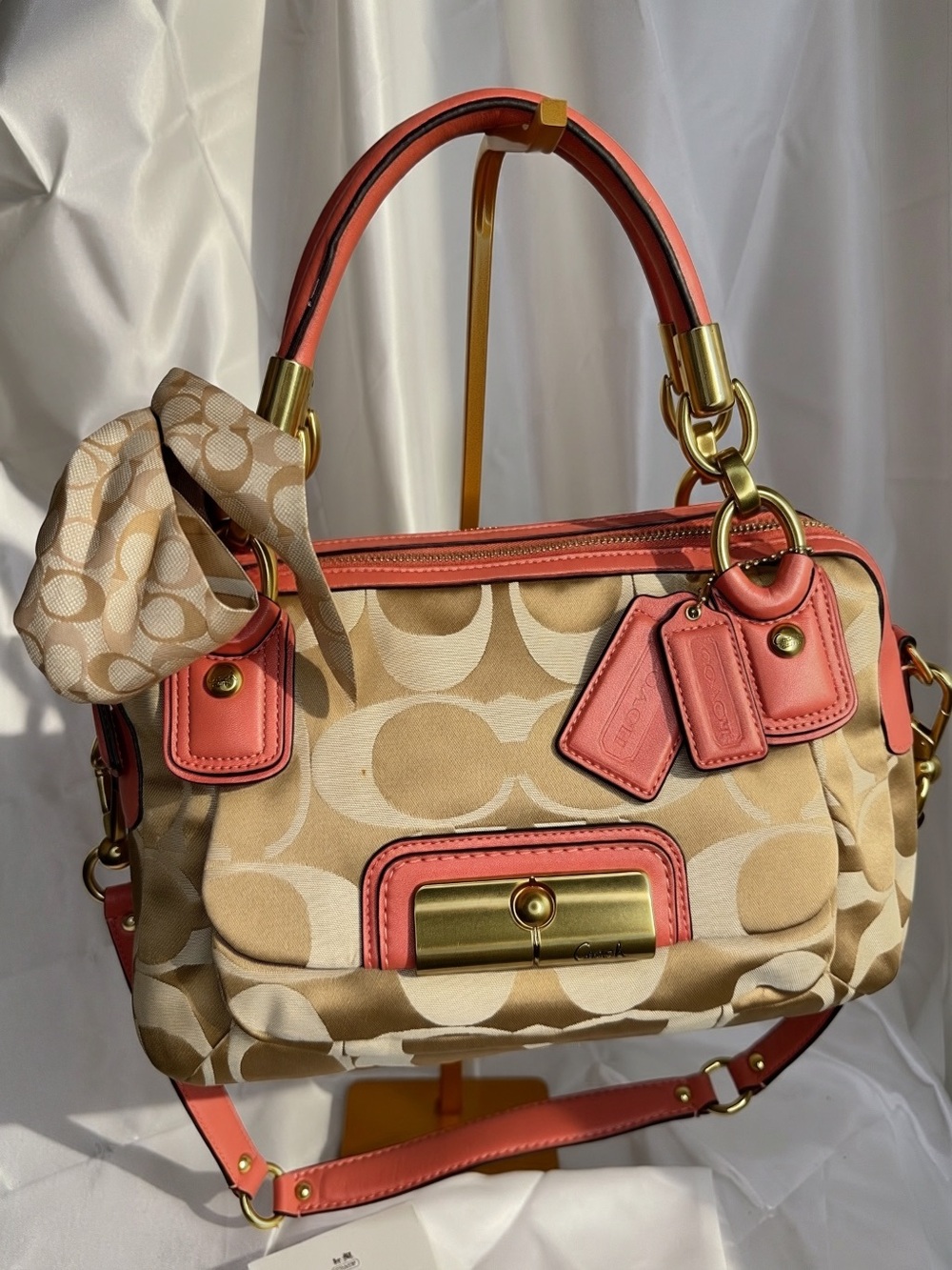 Coach Gold-Tone shoulder bag  with Salmon leather Trim
